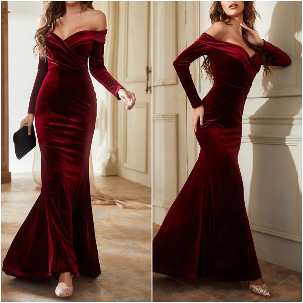 Luxe Velvet Off Shoulder formal party evening wedding prom dress - Picture 4 of 10